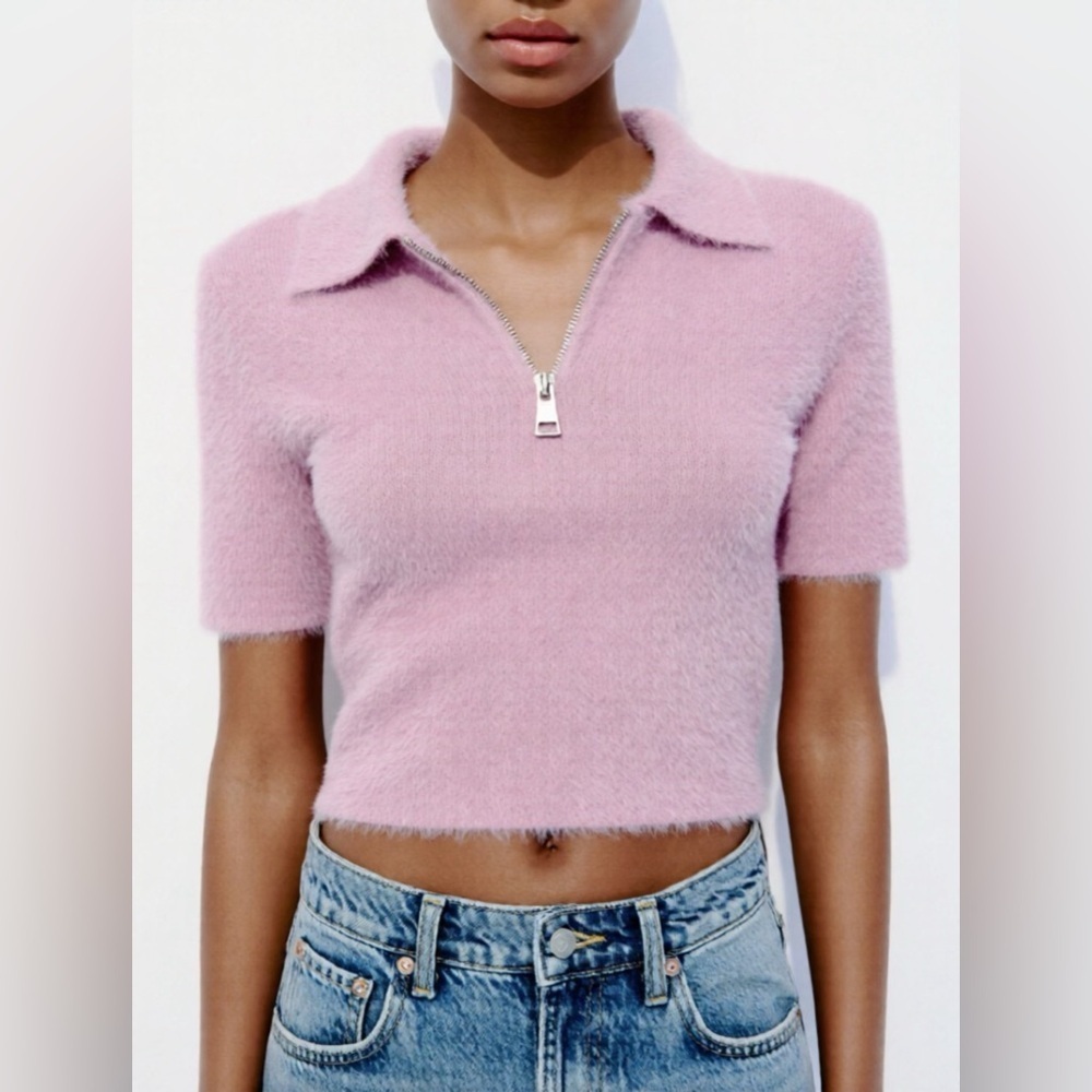 NWT Zara Dusty Pink Faux Fur Polo Shirt Zip Neck Women’s Sz Small